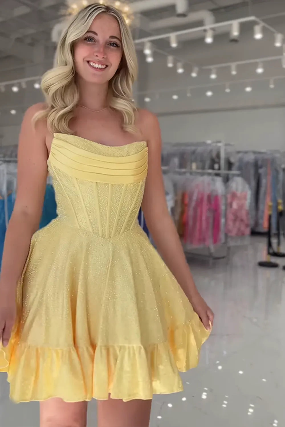 Strapless Rhinestone Corset Homecoming Dress | Satin Ruched Top A-Line Short Prom Gown