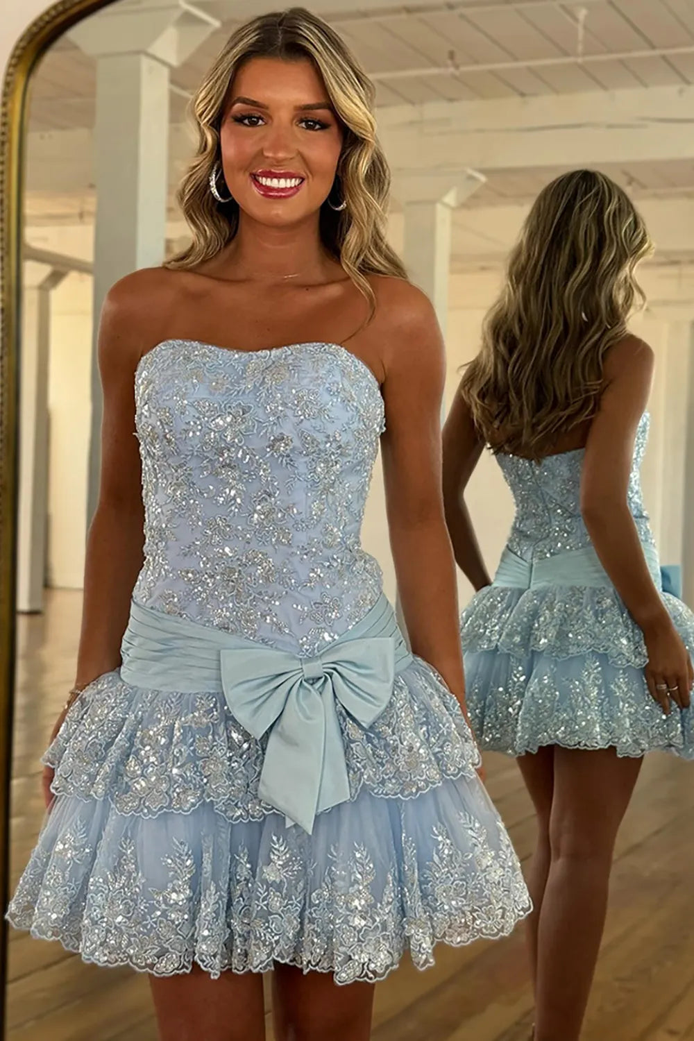 Strapless Sequin Lace Homecoming Dress | Tiered Ruffle Mini Gown with Bow Waist
