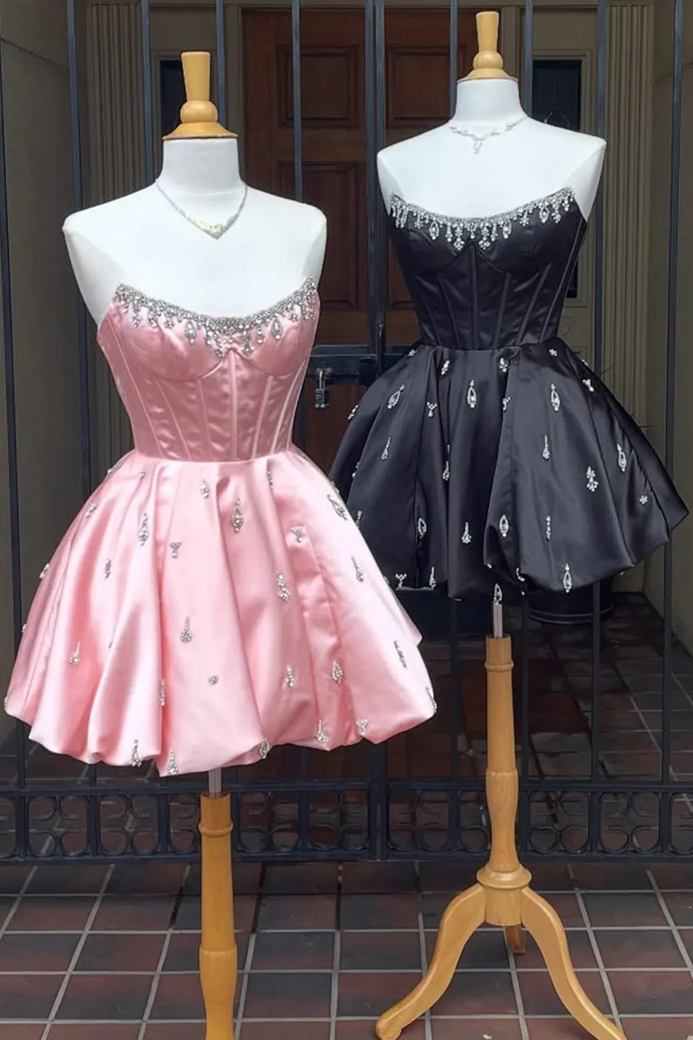 Strapless Crystal-Trimmed Corset Homecoming Dress | Satin A-Line Mini Prom Gown with Rhinestone Skirt
