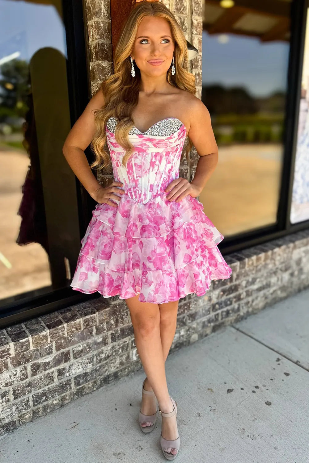 Strapless Floral Print Corset Homecoming Dress | Crystal Sweetheart Tiered Ruffle Short Prom Gown