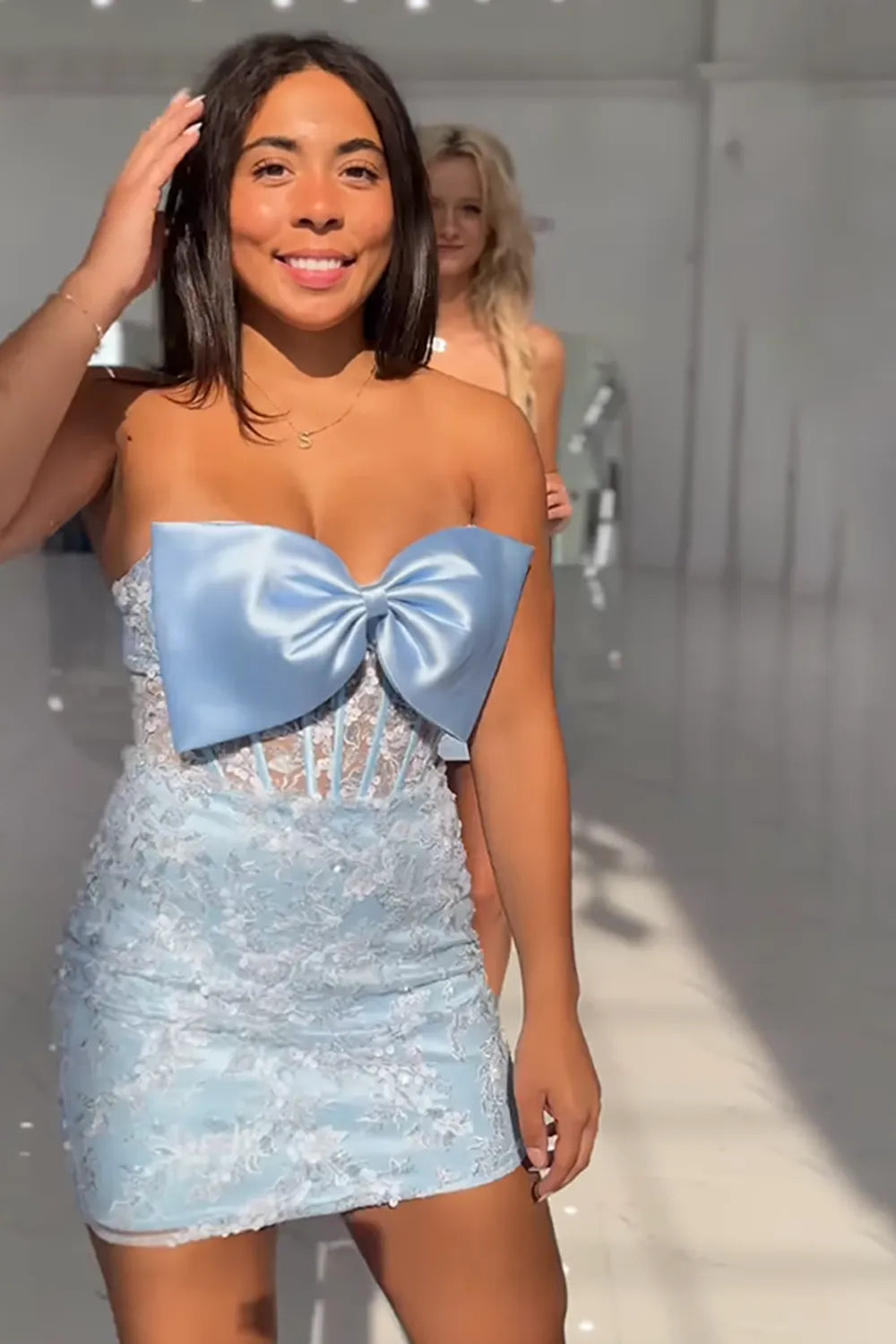 Strapless Satin Bow Homecoming Dress | Lace Corset Bodycon Mini Party Gown