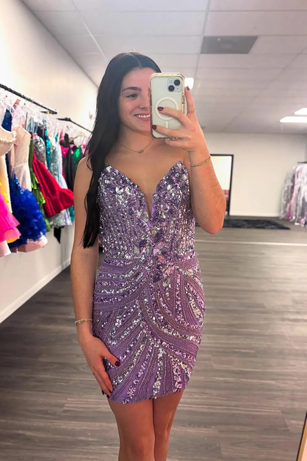 Strapless Sequin Homecoming Dress | V-Neck Bodycon Party Gown