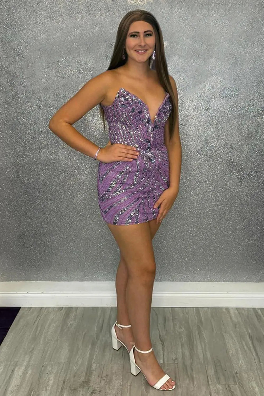 Strapless Sequin Homecoming Dress | V-Neck Bodycon Party Gown