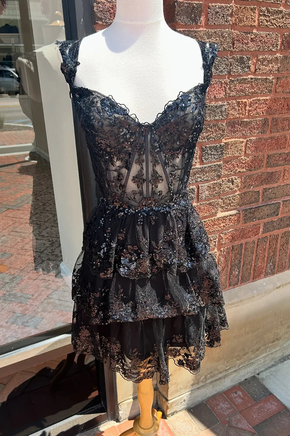 Sweetheart Sequin Lace Homecoming Dress | Corset Bodice Tiered Ruffle Mini Party Gown