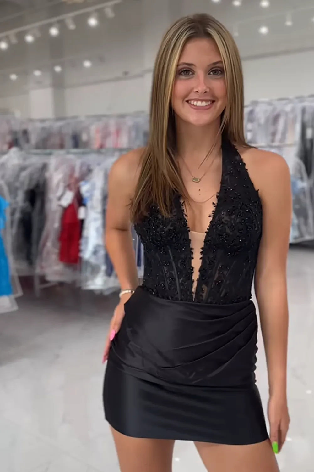 Halter V-Neck Lace Corset Homecoming Dress | Ruched Satin Bodycon Mini Party Gown