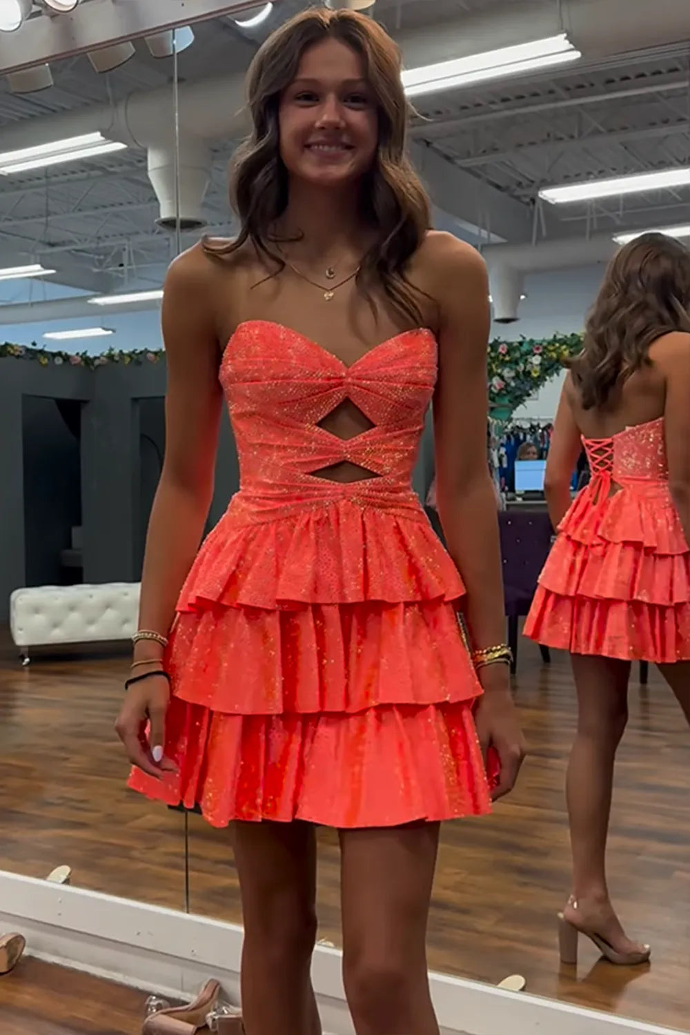 Sparkly Strapless Cutout Tiered Homecoming Dress | Ruffle Skirt Short Prom Gown