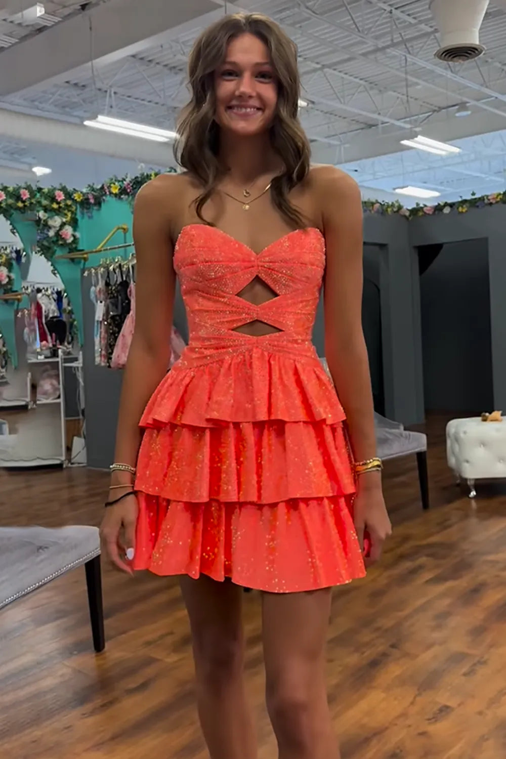 Sparkly Strapless Cutout Tiered Homecoming Dress | Ruffle Skirt Short Prom Gown