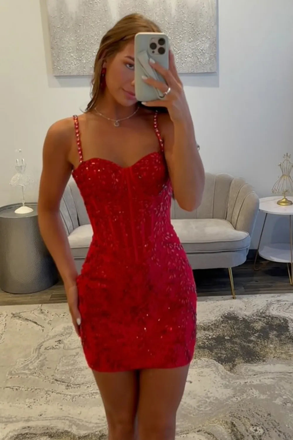 Sweetheart Corset Homecoming Dress | Red Sequin Mini with Crystal Straps Party Gown