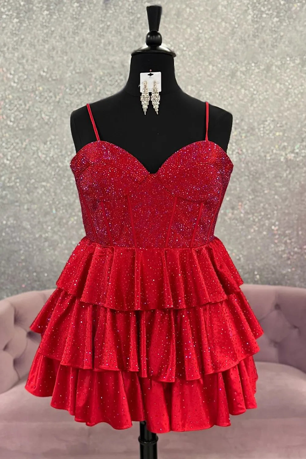 Sparkly Corset Tiered Homecoming Dress | Sweetheart Neck Crisscross Back Mini Party Gown