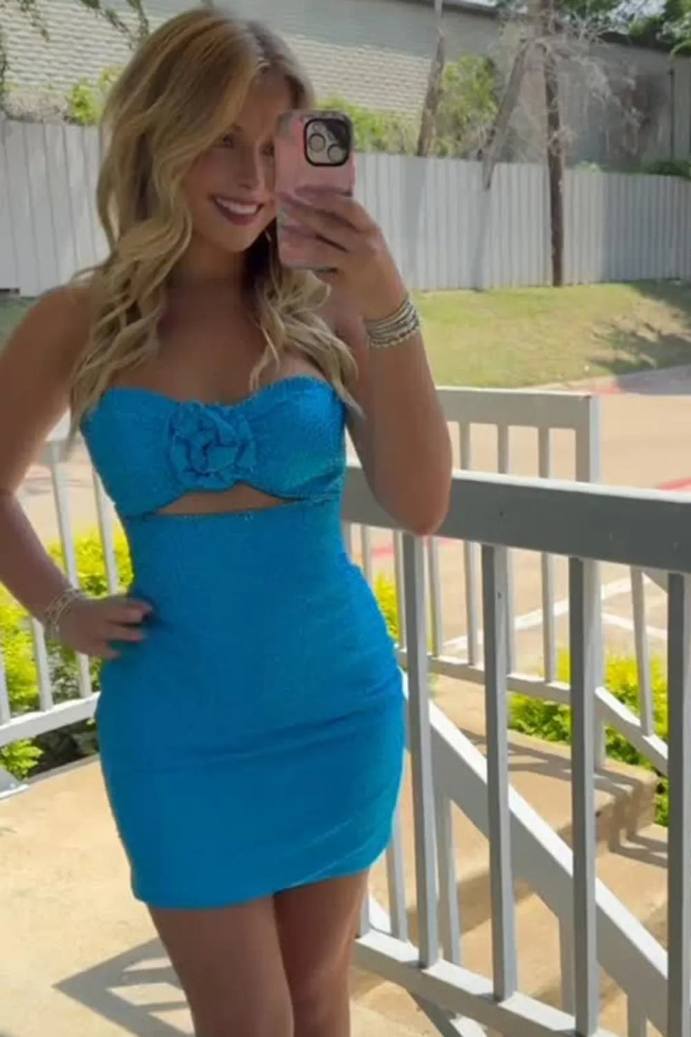 Strapless Sequin Homecoming Dress with 3D Flower & Waist Cutout