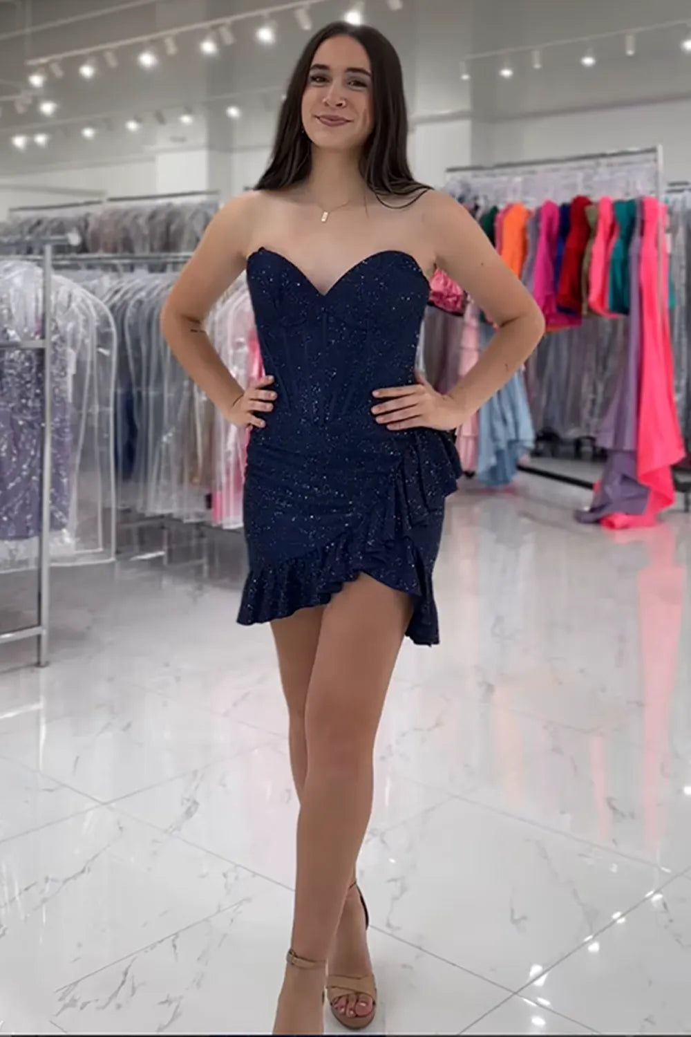 Strapless Sparkly Corset Homecoming Dress | Sweetheart Ruffle Hem Short Prom Gown