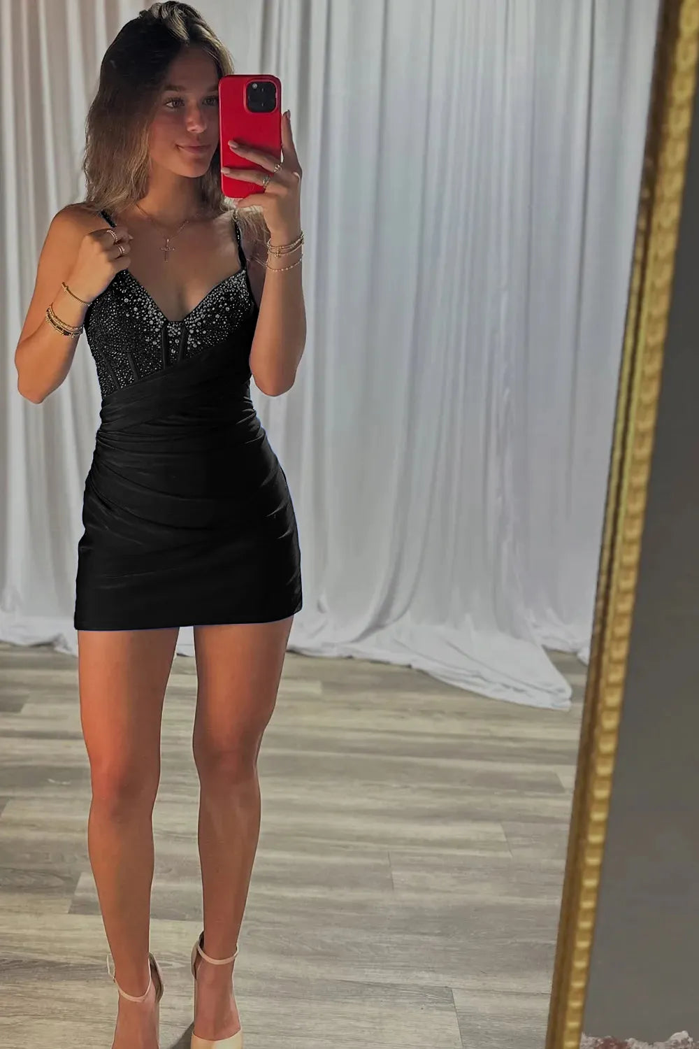 Spaghetti Strap Rhinestone Homecoming Dress | Ruched Bodycon Sweetheart Short Prom Gown
