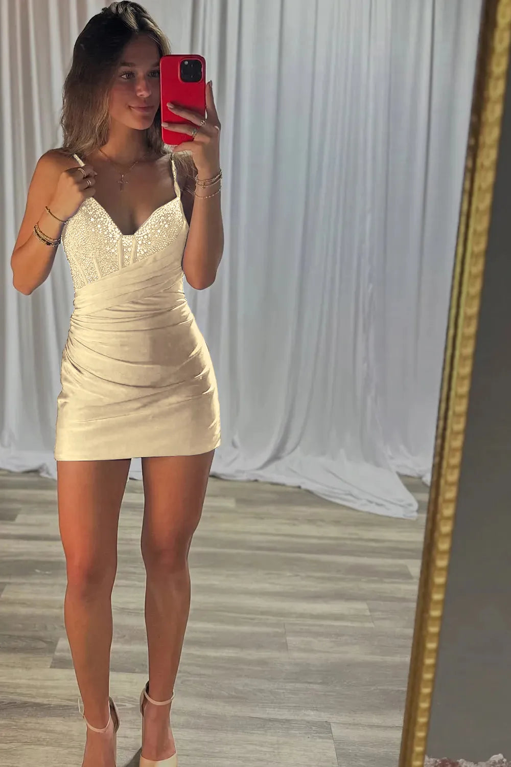 Spaghetti Strap Rhinestone Homecoming Dress | Ruched Bodycon Sweetheart Short Prom Gown