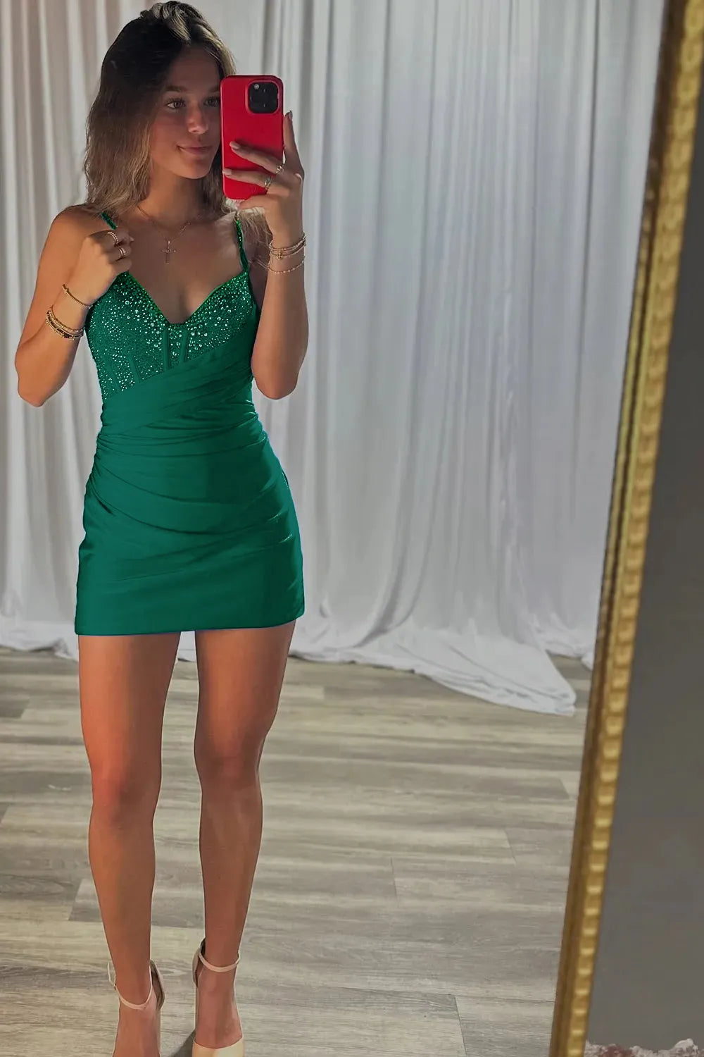 Spaghetti Strap Rhinestone Homecoming Dress | Ruched Bodycon Sweetheart Short Prom Gown