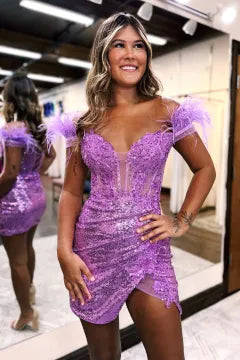 Off-the-Shoulder Feather Sequin Homecoming Dress | Corset Bodycon Mini Party Gown