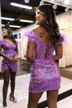 Off-the-Shoulder Feather Sequin Homecoming Dress | Corset Bodycon Mini Party Gown