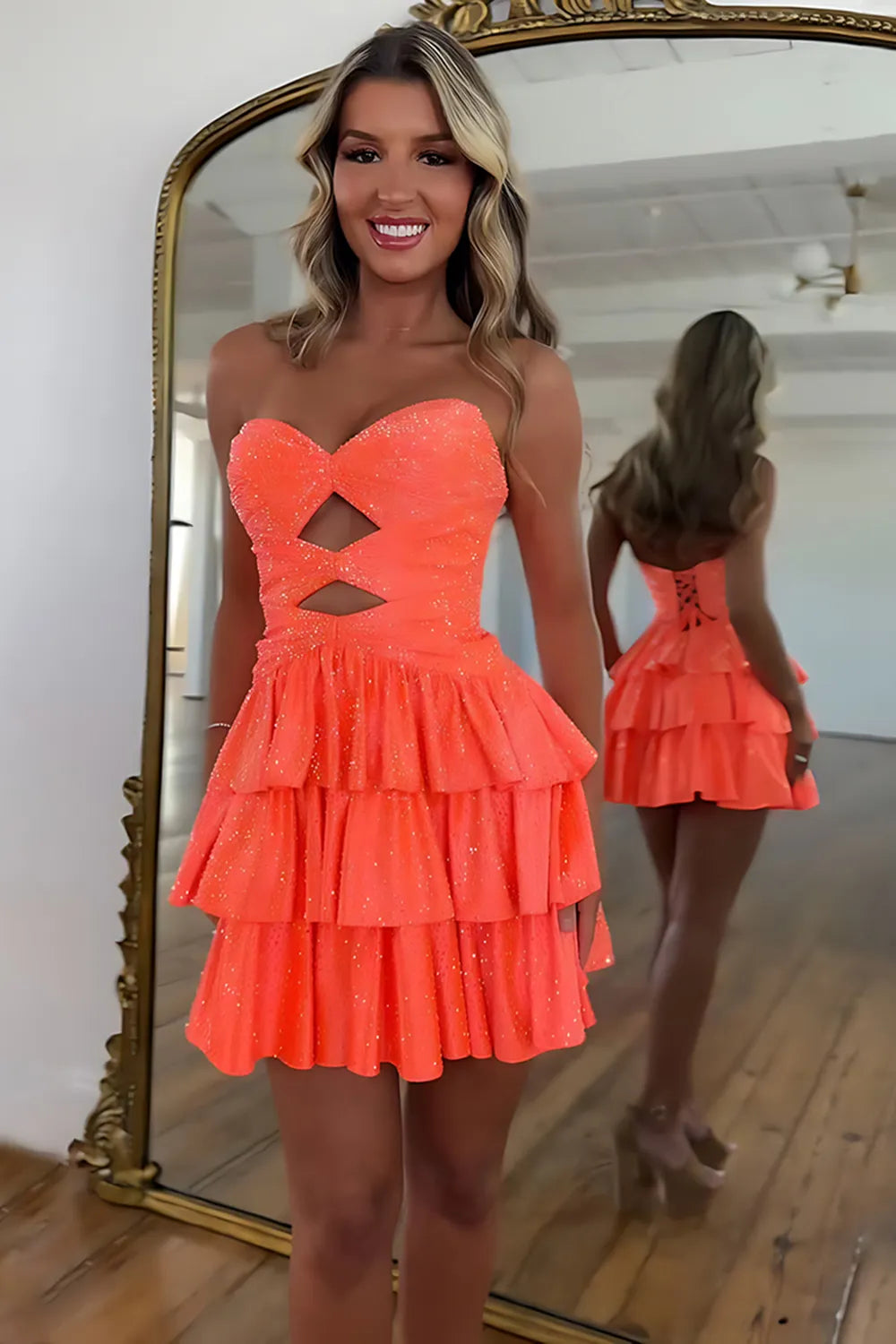 Sparkly Strapless Cutout Tiered Homecoming Dress | Ruffle Skirt Short Prom Gown