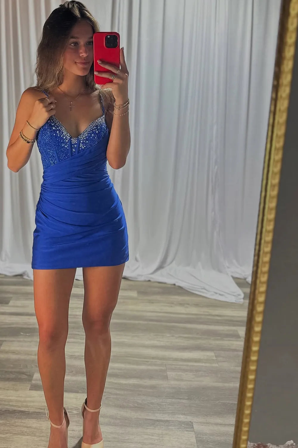 Spaghetti Strap Rhinestone Homecoming Dress | Ruched Bodycon Sweetheart Short Prom Gown