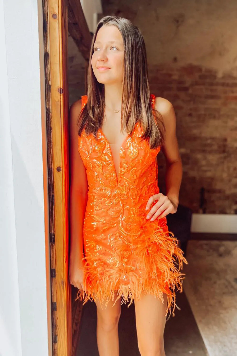Sequin Feather Homecoming Dress | Deep V-Neck Bodycon Short Prom Gown