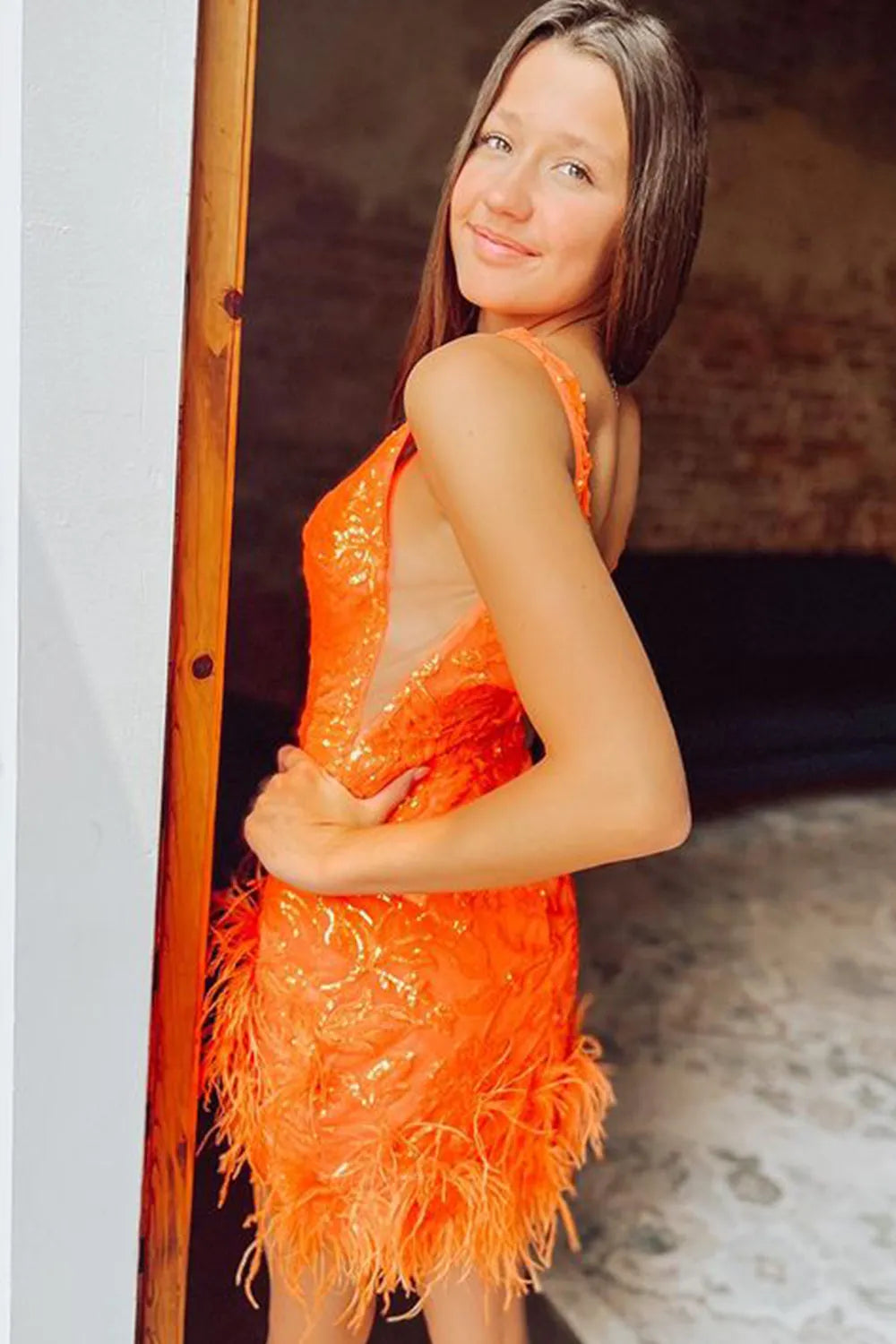 Sequin Feather Homecoming Dress | Deep V-Neck Bodycon Short Prom Gown