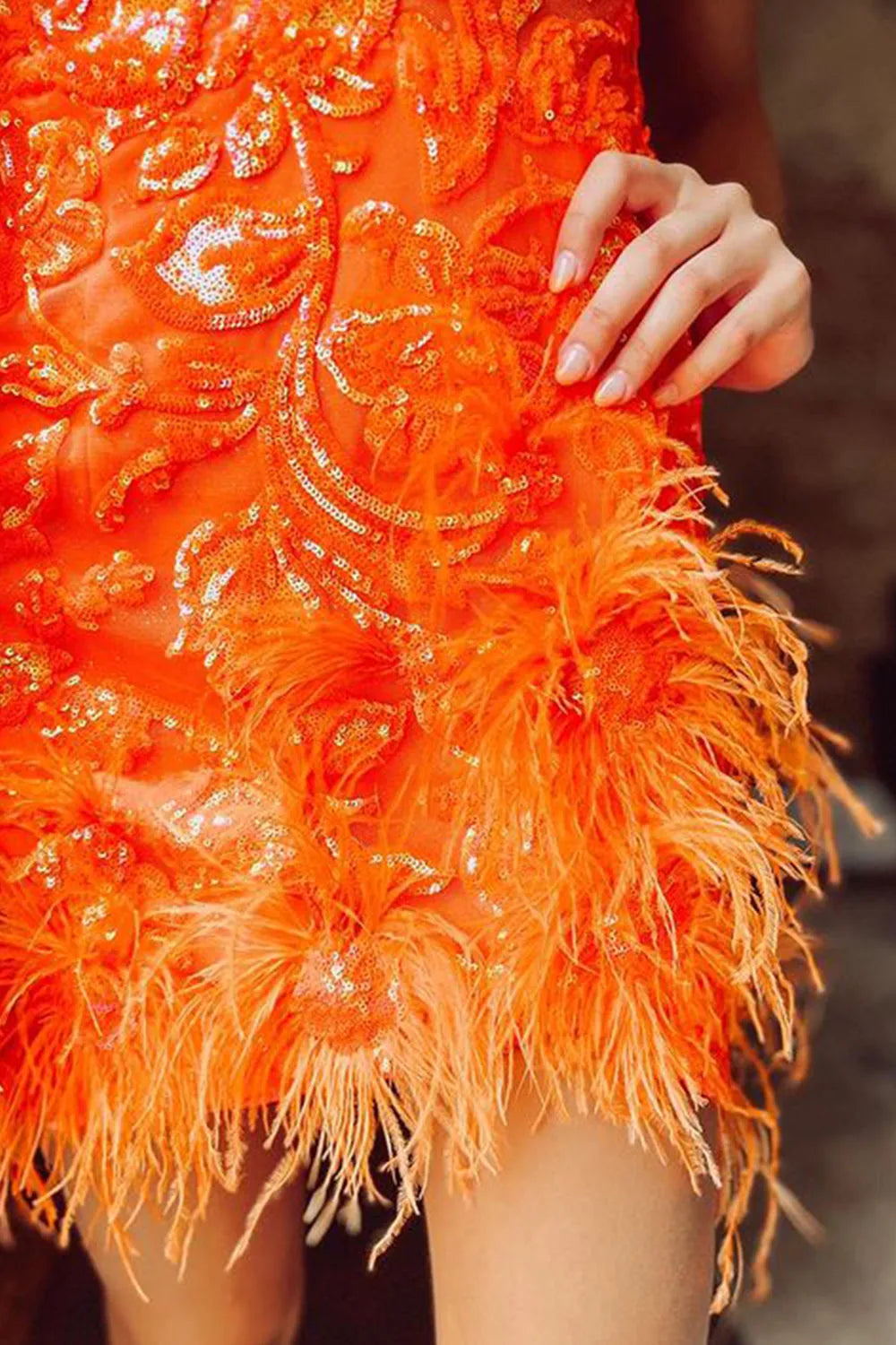 Sequin Feather Homecoming Dress | Deep V-Neck Bodycon Short Prom Gown
