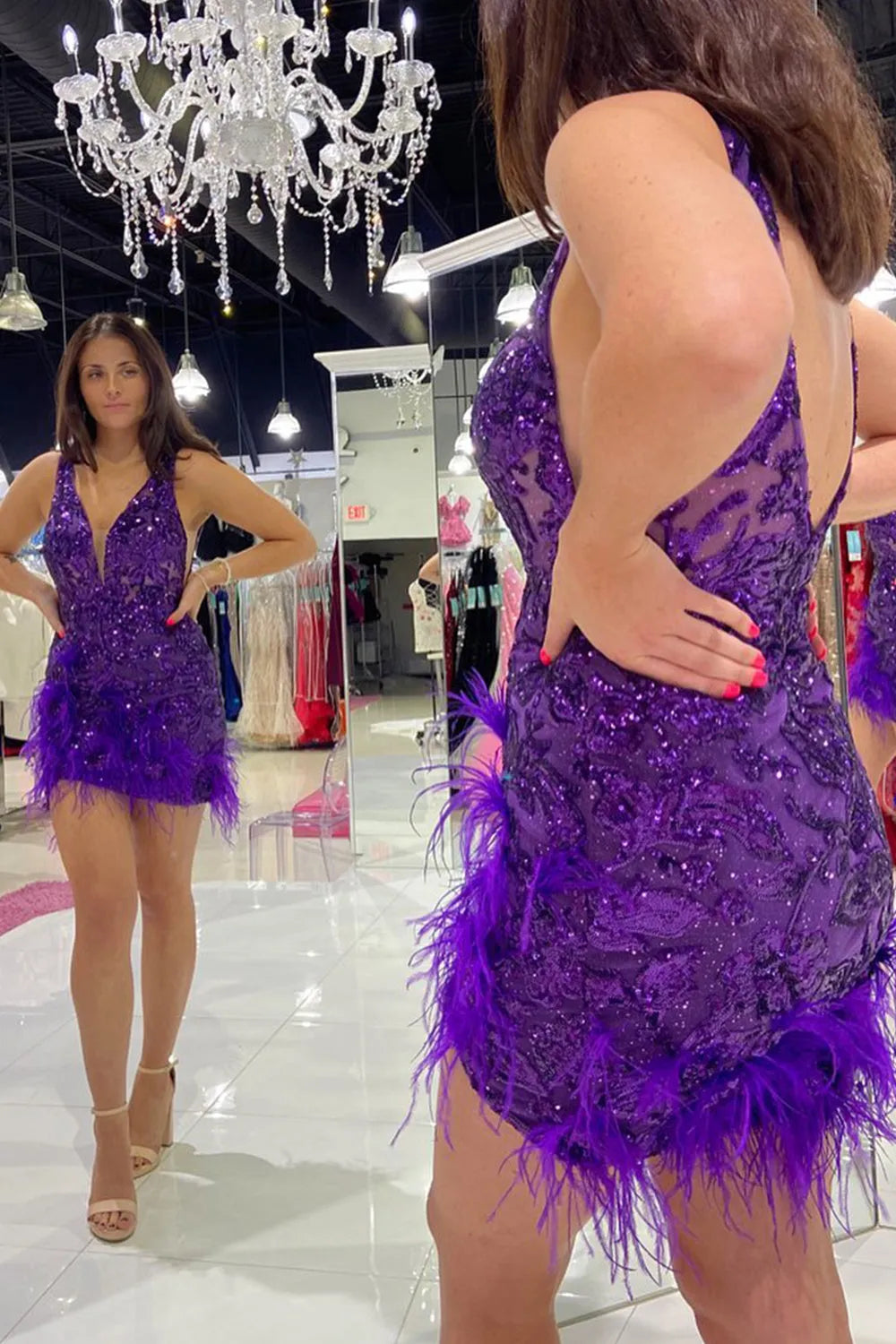 Sequin Feather Homecoming Dress | Deep V-Neck Bodycon Short Prom Gown