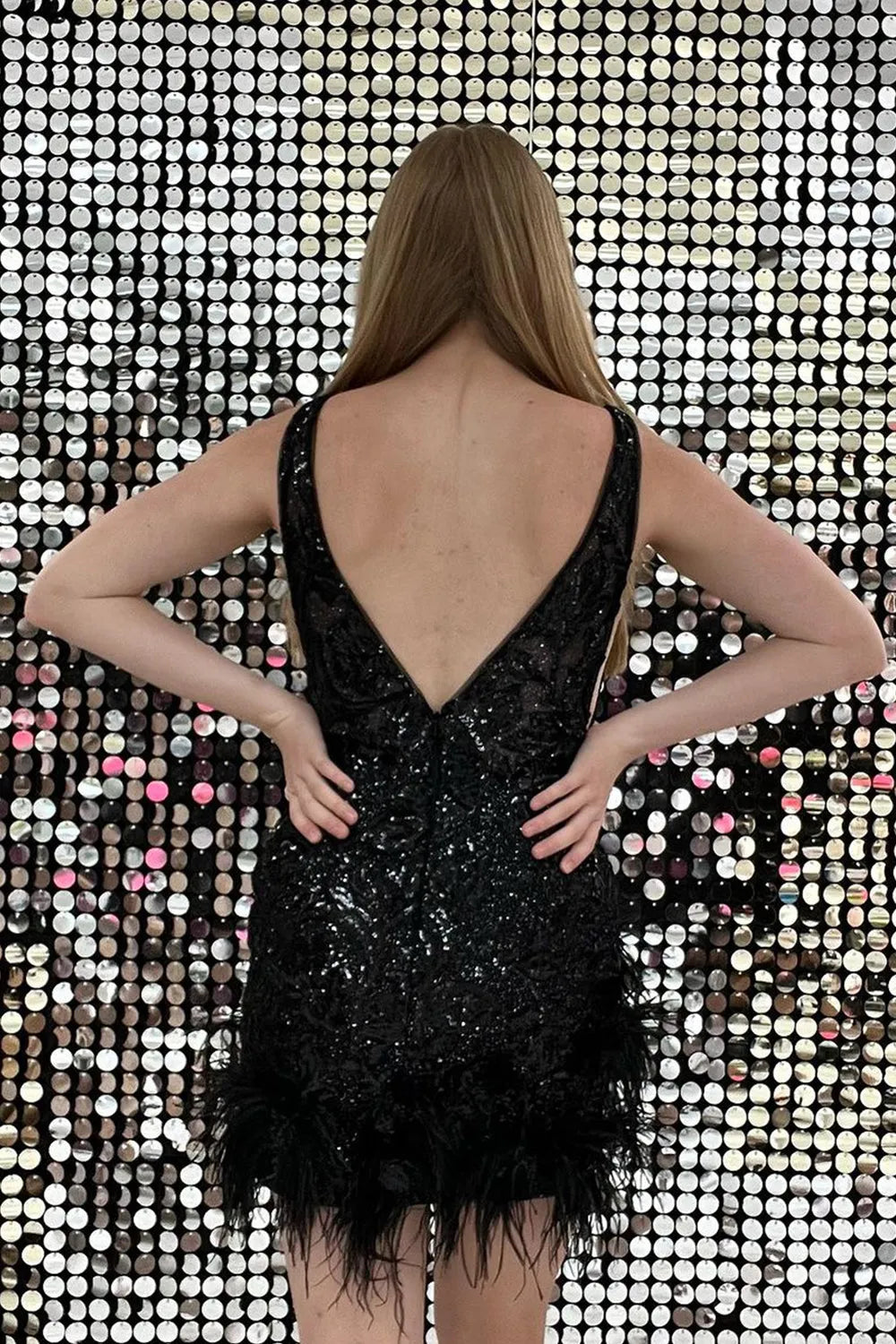 Sequin Feather Homecoming Dress | Deep V-Neck Bodycon Short Prom Gown