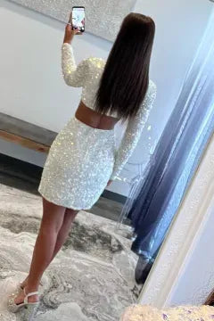 Long Sleeve Deep V Cutout Waist Sequin Homecoming Dress | Split Slit Bodycon Mini Cocktail Dress