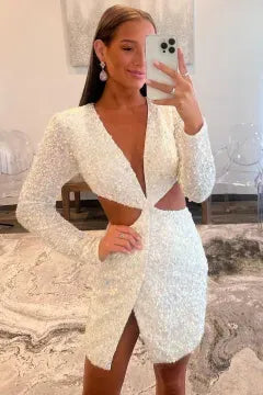Long Sleeve Deep V Cutout Waist Sequin Homecoming Dress | Split Slit Bodycon Mini Cocktail Dress