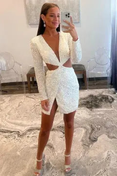 Long Sleeve Deep V Cutout Waist Sequin Homecoming Dress | Split Slit Bodycon Mini Cocktail Dress