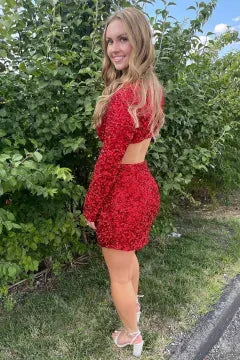 Long Sleeve Deep V Cutout Waist Sequin Homecoming Dress | Split Slit Bodycon Mini Cocktail Dress