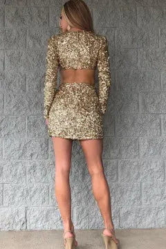 Long Sleeve Deep V Cutout Waist Sequin Homecoming Dress | Split Slit Bodycon Mini Cocktail Dress