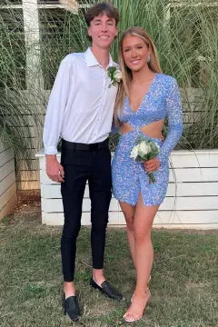 Long Sleeve Deep V Cutout Waist Sequin Homecoming Dress | Split Slit Bodycon Mini Cocktail Dress
