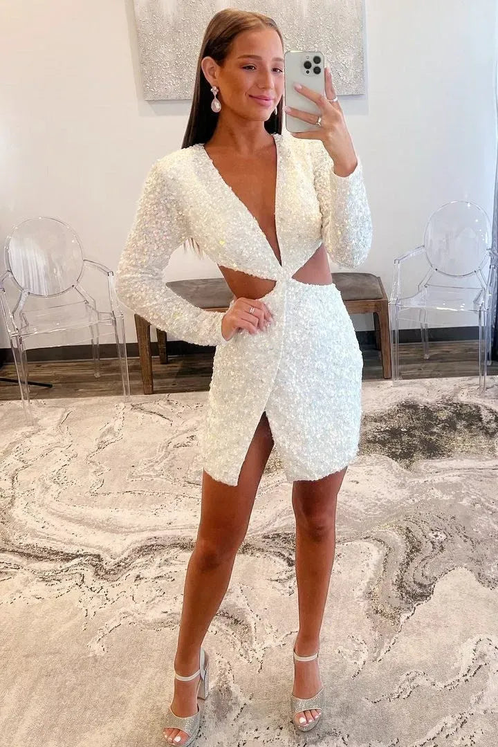 Long Sleeve Deep V Cutout Waist Sequin Homecoming Dress | Split Slit Bodycon Mini Cocktail Dress