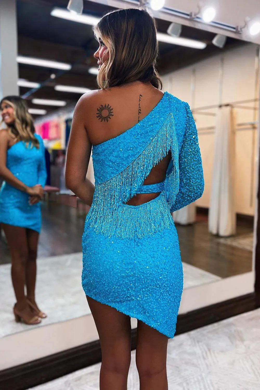 One Shoulder Sequin Homecoming Dress | Fringe Back Cutout Asymmetrical Mini Party Gown
