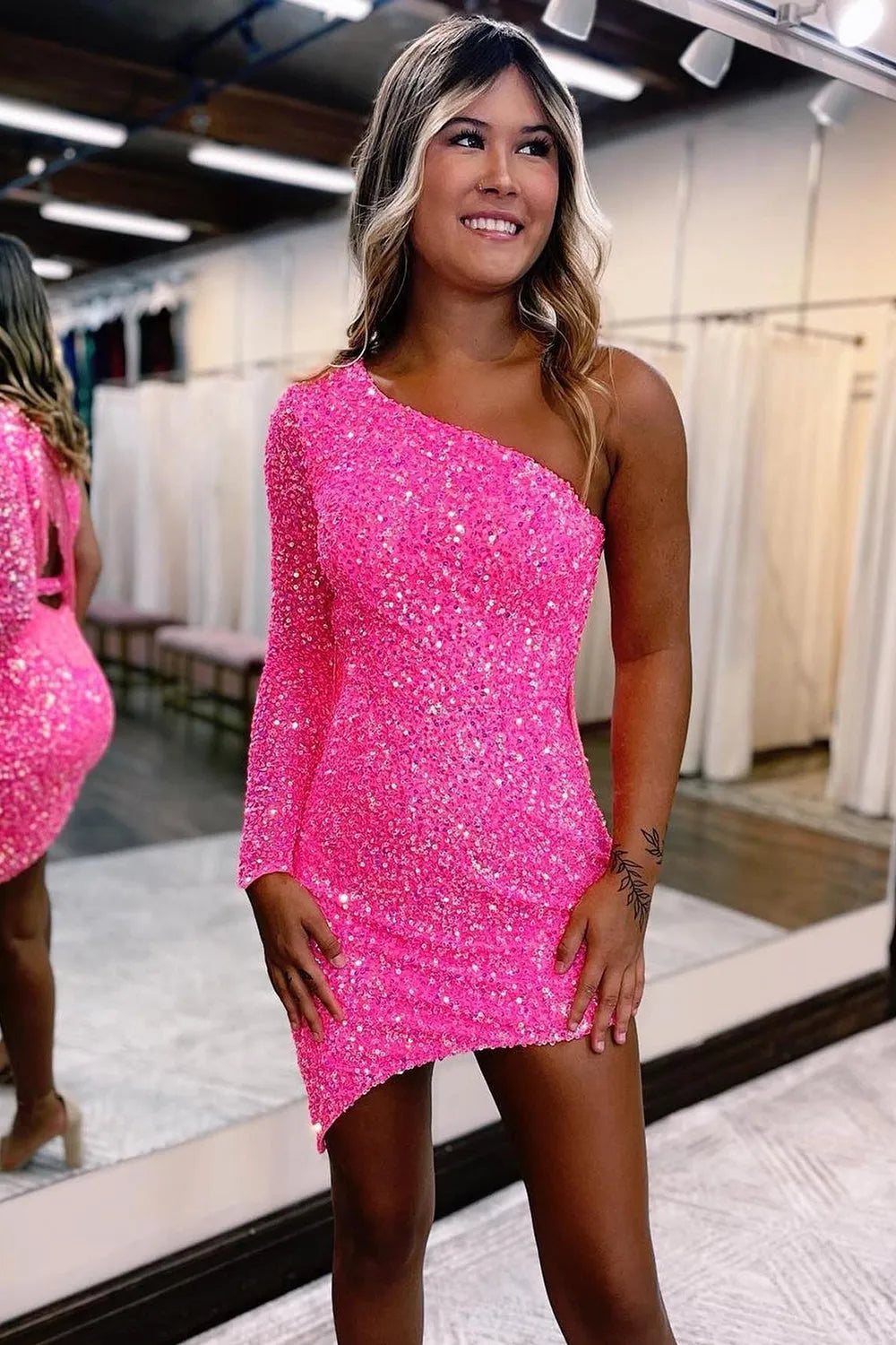 One Shoulder Sequin Homecoming Dress | Fringe Back Cutout Asymmetrical Mini Party Gown