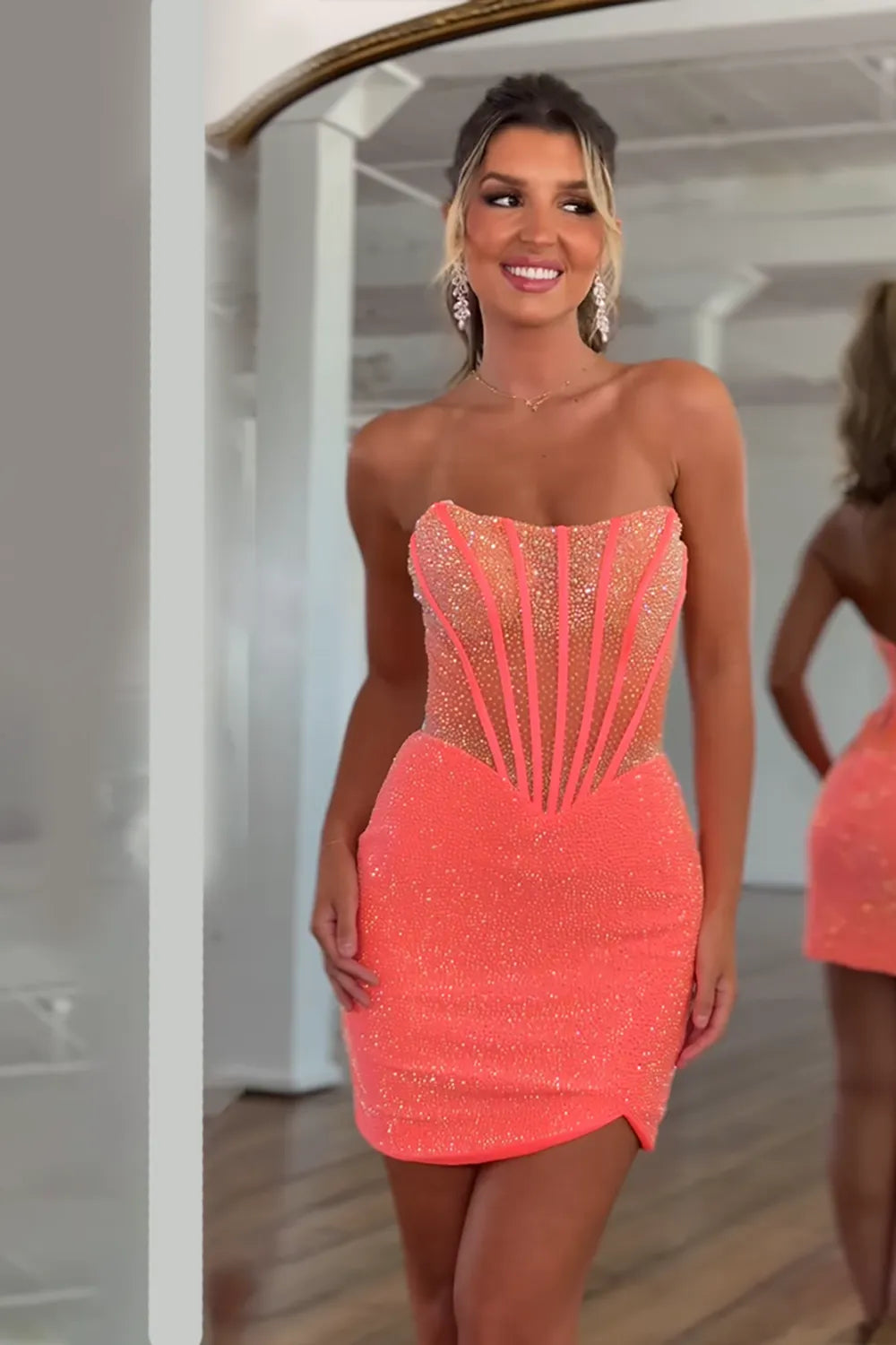 Strapless Sheer Corset Rhinestone Homecoming Dress | Form-Fit Short Prom Gown