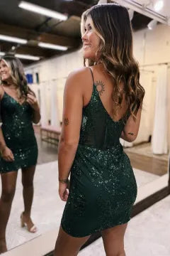 Spaghetti Strap Sequin Lace Homecoming Dress | Corset Bodycon Mini Party Gown