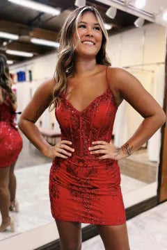 Spaghetti Strap Sequin Lace Homecoming Dress | Corset Bodycon Mini Party Gown