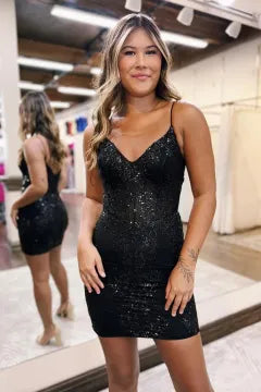 Spaghetti Strap Sequin Lace Homecoming Dress | Corset Bodycon Mini Party Gown