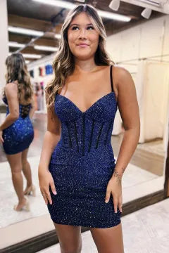Spaghetti Strap Rhinestone Corset Homecoming Dress | Bodycon Mini with Lace-Up Back
