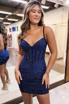 Spaghetti Strap Rhinestone Corset Homecoming Dress | Bodycon Mini with Lace-Up Back