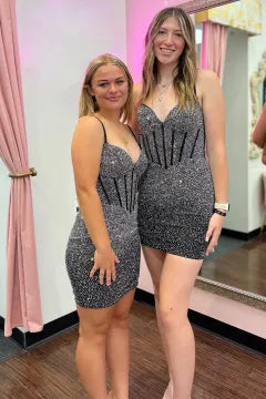 Spaghetti Strap Rhinestone Corset Homecoming Dress | Bodycon Mini with Lace-Up Back