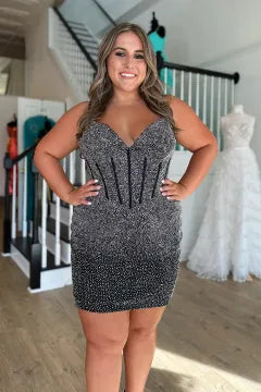 Spaghetti Strap Rhinestone Corset Homecoming Dress | Bodycon Mini with Lace-Up Back