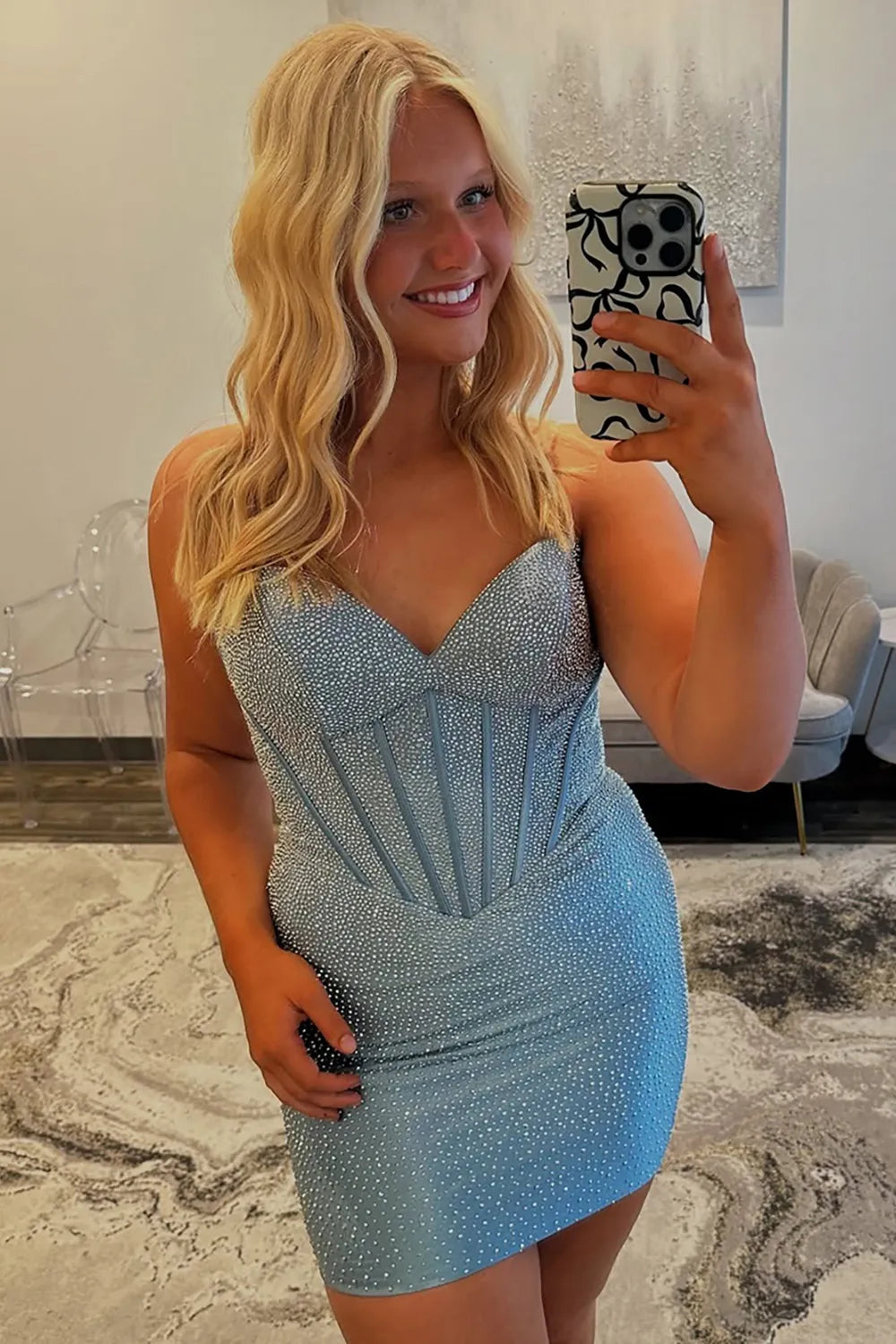 Strapless Sweetheart Rhinestone Corset Homecoming Dress | Sparkly Bodycon Mini Prom Gown
