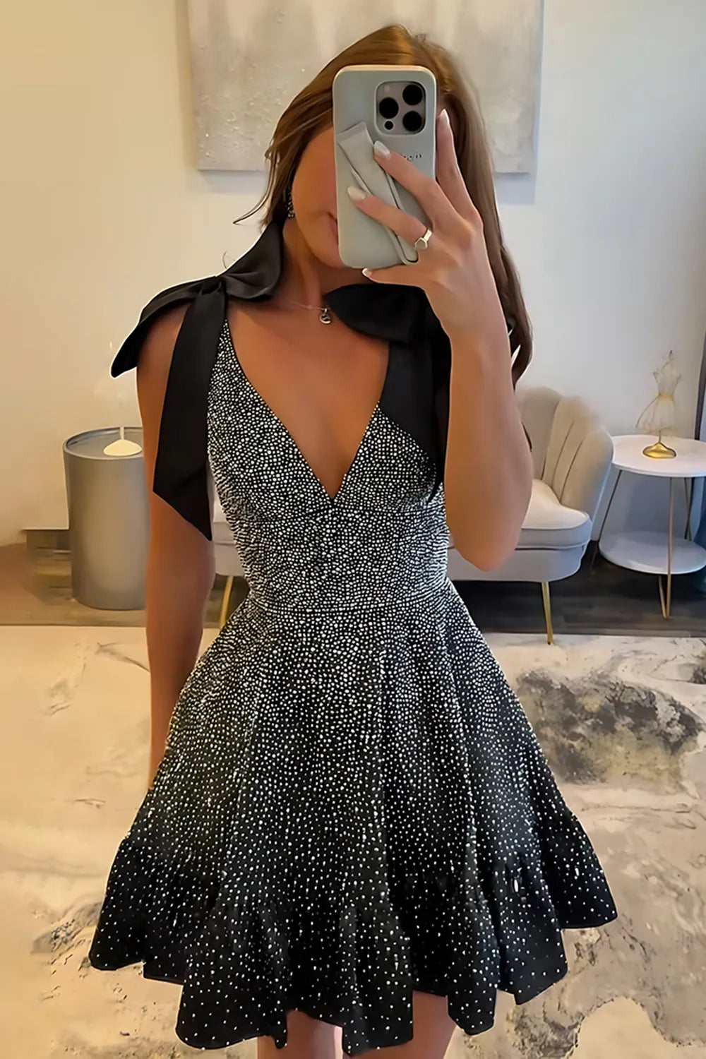 Sparkly A-Line Homecoming Dress with Shoulder Bows