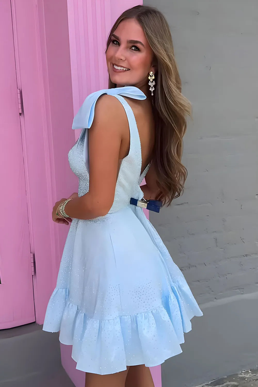 Sparkly A-Line Homecoming Dress with Shoulder Bows