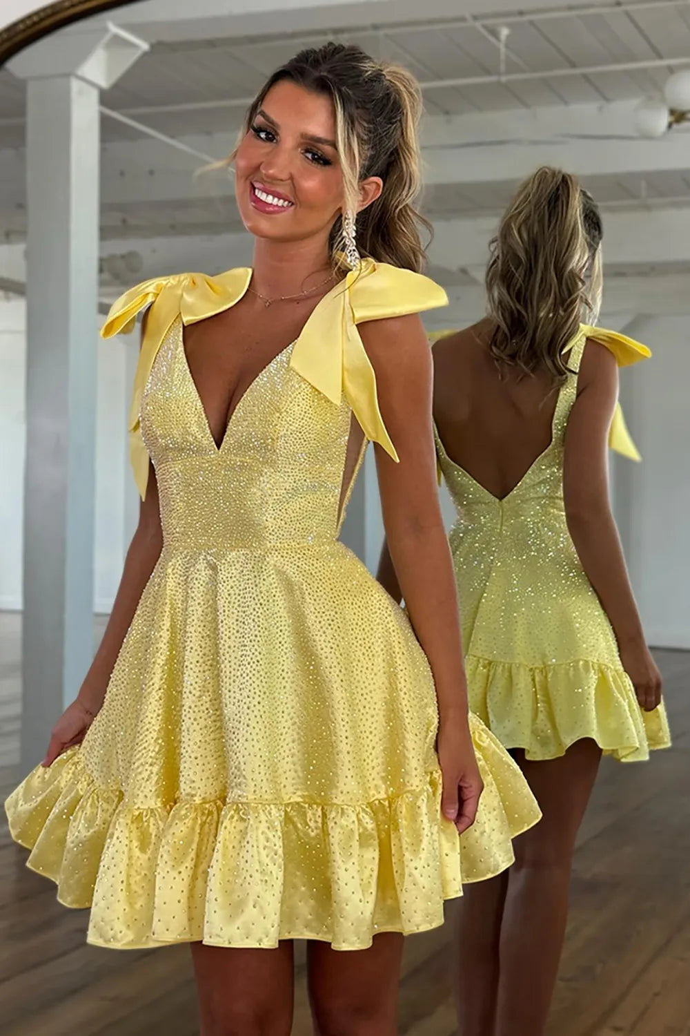 Sparkly A-Line Homecoming Dress with Shoulder Bows