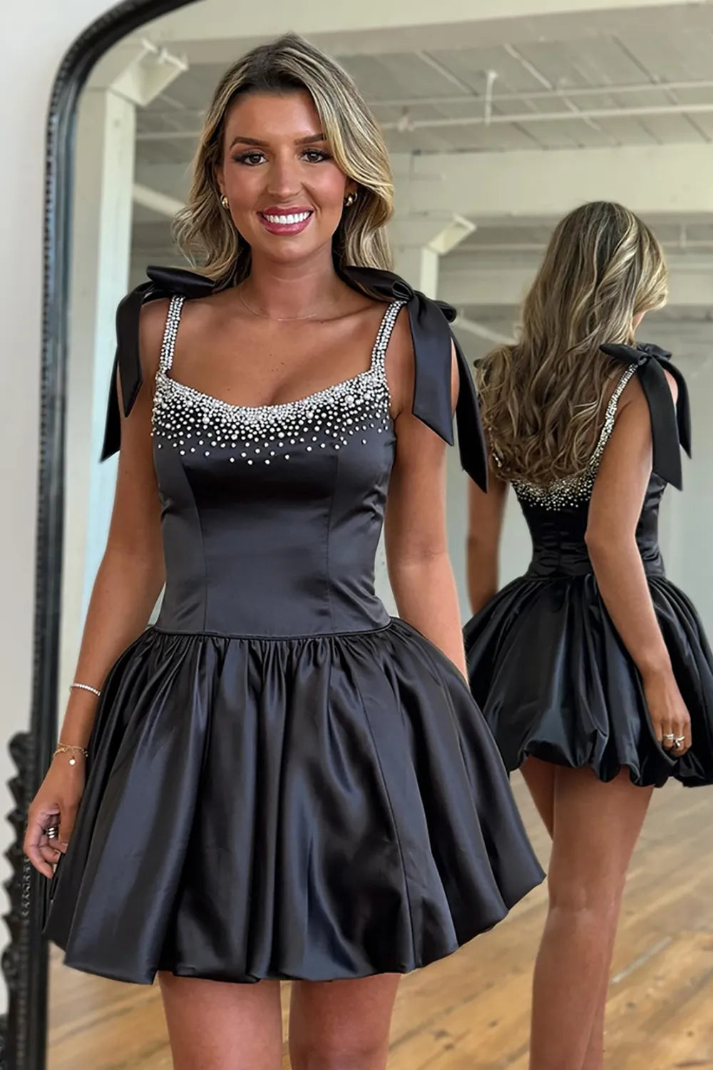 Crystal Embellished Satin Homecoming Dress | Bow Strap Bubble Skirt Short Prom Gown