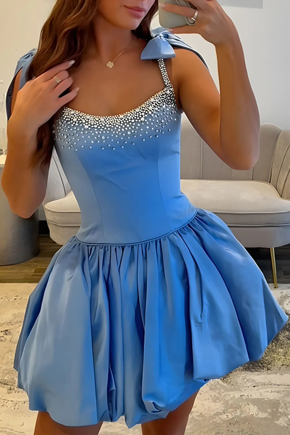 Crystal Embellished Satin Homecoming Dress | Bow Strap Bubble Skirt Short Prom Gown